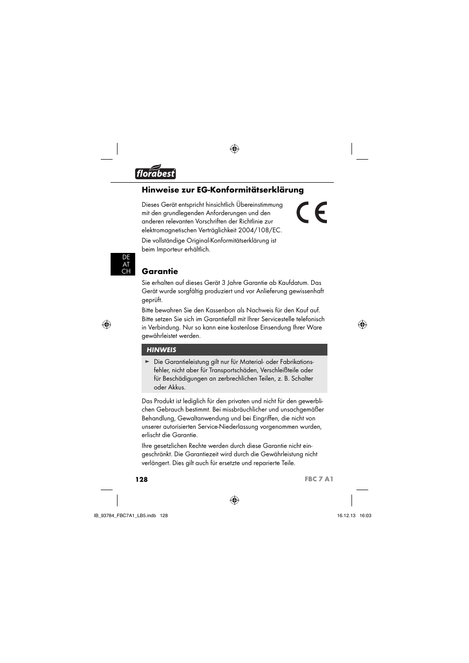 Hinweise zur eg-konformitätserklärung, Garantie | Florabest FBC 7 A1 User Manual | Page 131 / 133