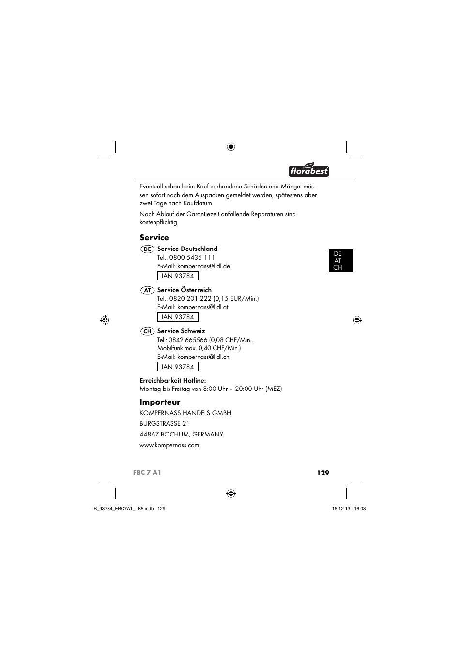 Service, Importeur | Florabest FBC 7 A1 User Manual | Page 132 / 133