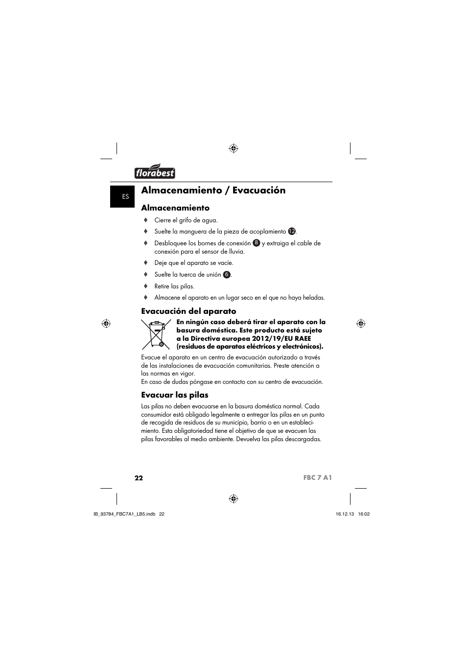 Almacenamiento / evacuación, Almacenamiento, Evacuación del aparato | Evacuar las pilas | Florabest FBC 7 A1 User Manual | Page 25 / 133