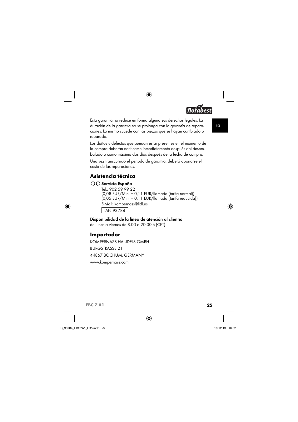 Asistencia técnica, Importador | Florabest FBC 7 A1 User Manual | Page 28 / 133