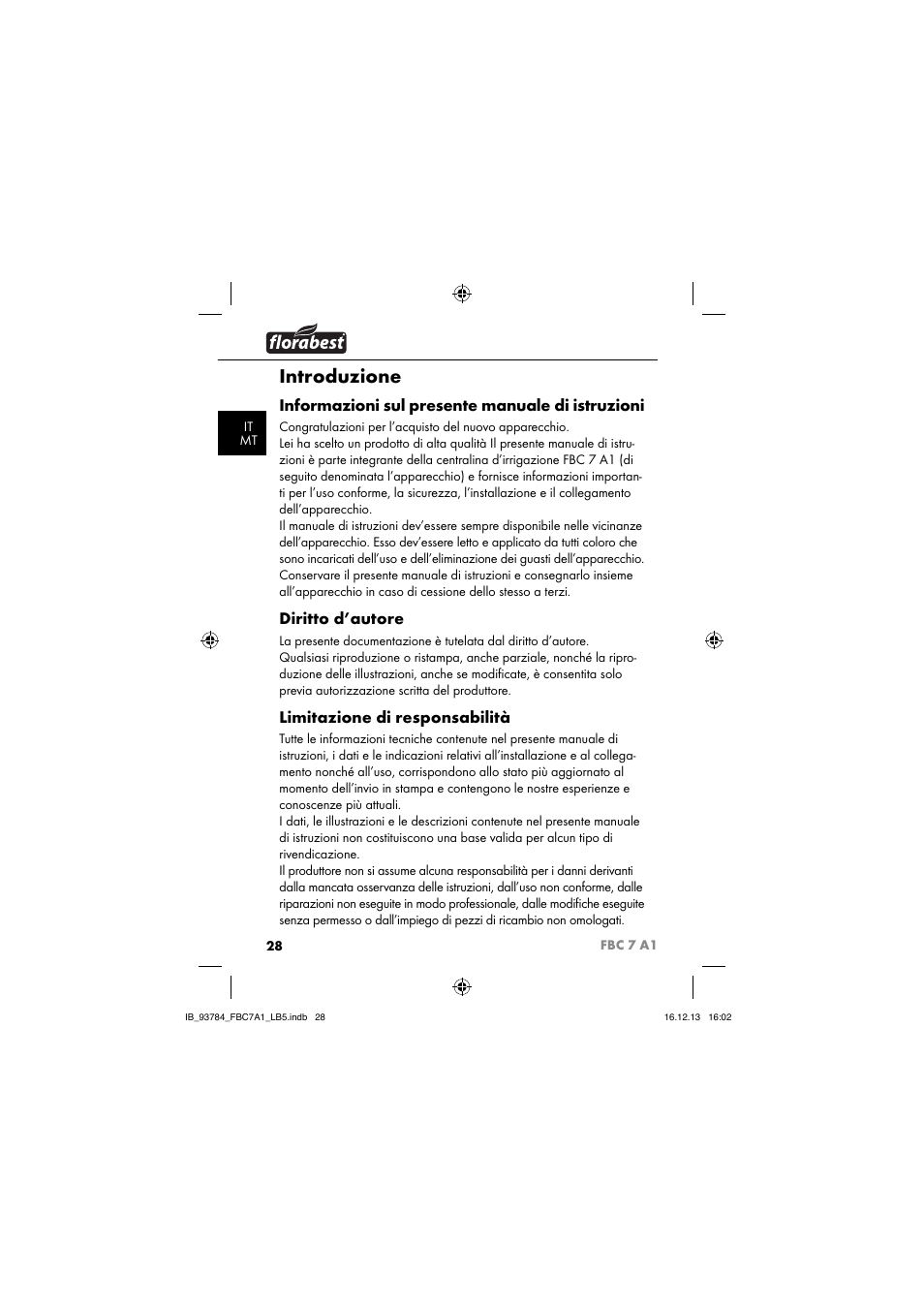 Introduzione, Informazioni sul presente manuale di istruzioni, Diritto d’autore | Limitazione di responsabilità | Florabest FBC 7 A1 User Manual | Page 31 / 133