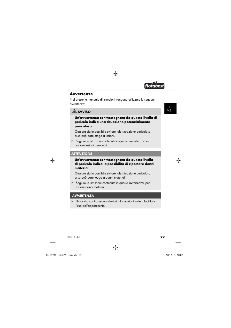 Avvertenze | Florabest FBC 7 A1 User Manual | Page 32 / 133