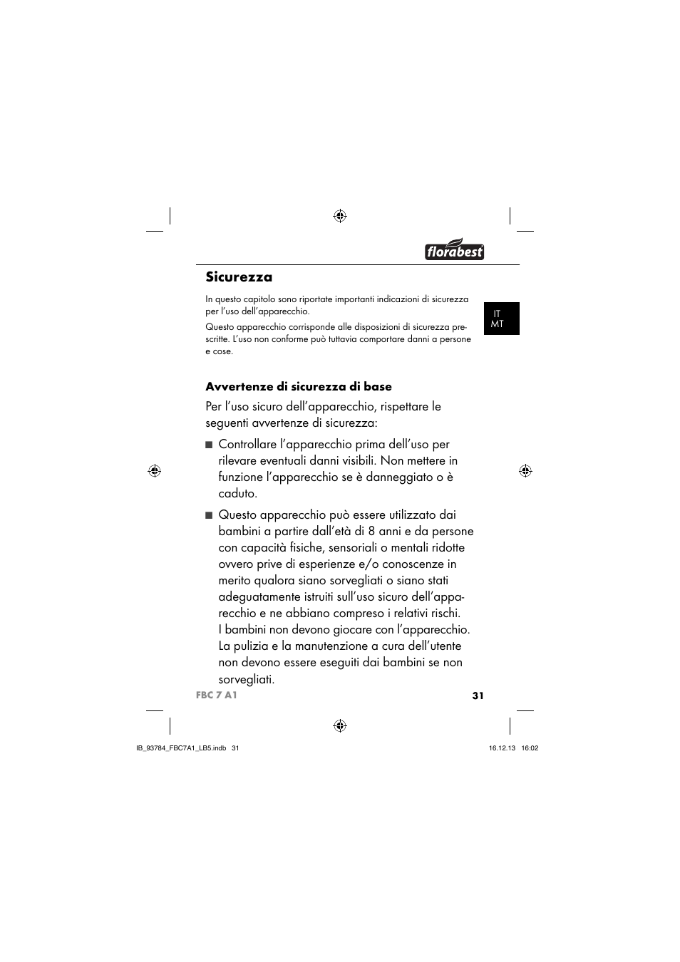 Sicurezza, Avvertenze di sicurezza di base | Florabest FBC 7 A1 User Manual | Page 34 / 133