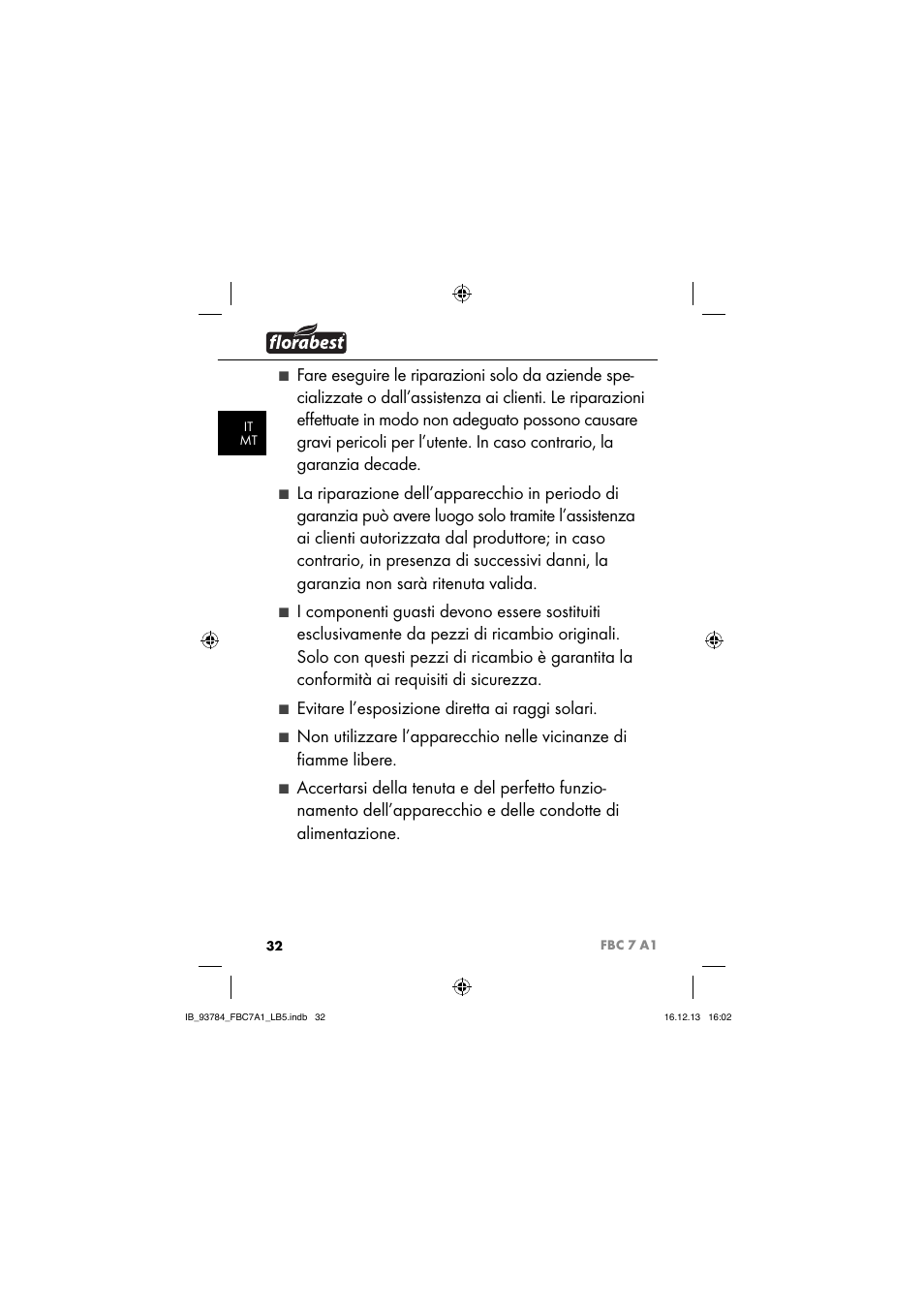 Evitare l’esposizione diretta ai raggi solari | Florabest FBC 7 A1 User Manual | Page 35 / 133