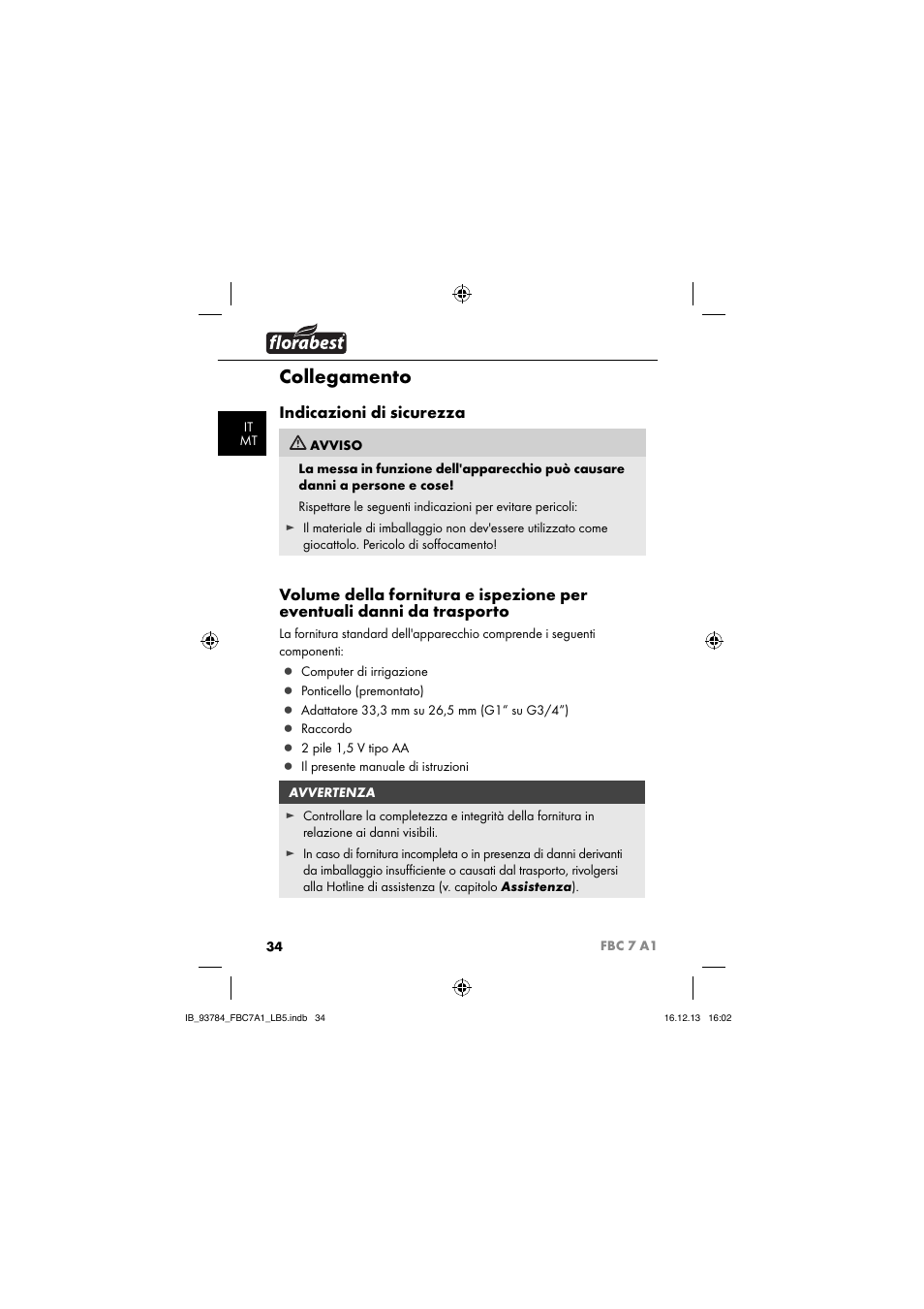 Collegamento, Indicazioni di sicurezza | Florabest FBC 7 A1 User Manual | Page 37 / 133