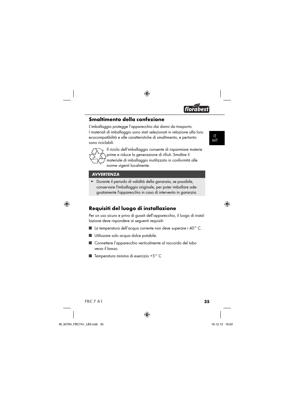 Smaltimento della confezione, Requisiti del luogo di installazione | Florabest FBC 7 A1 User Manual | Page 38 / 133