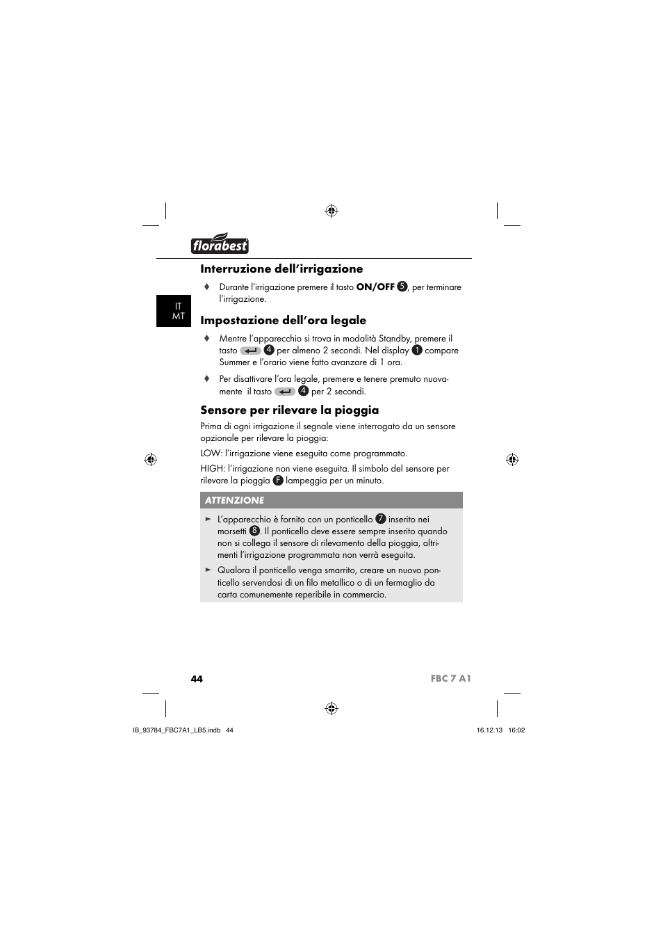 Interruzione dell’irrigazione, Impostazione dell’ora legale, Sensore per rilevare la pioggia | Florabest FBC 7 A1 User Manual | Page 47 / 133