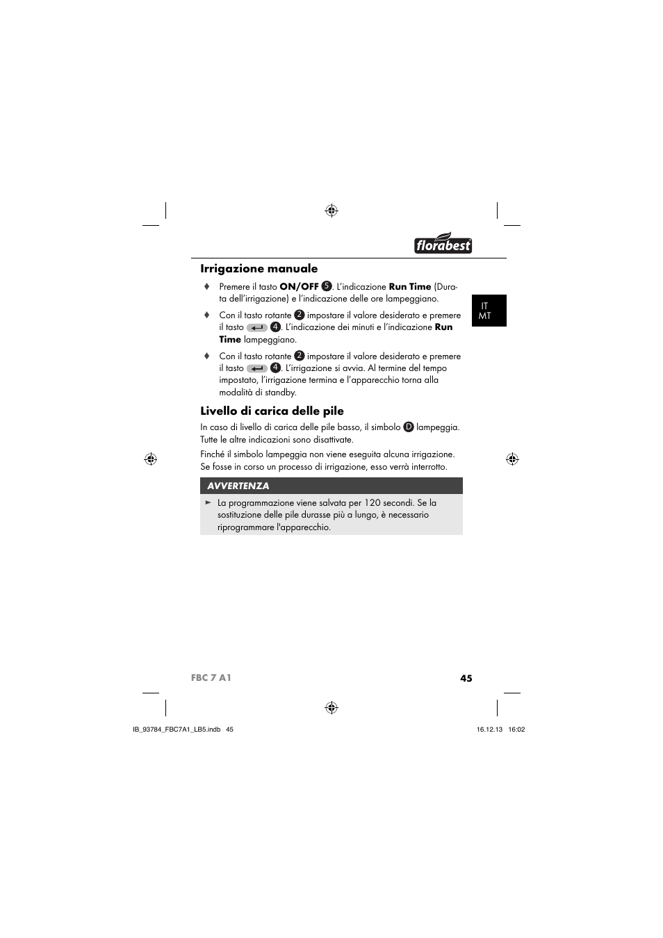 Irrigazione manuale, Livello di carica delle pile | Florabest FBC 7 A1 User Manual | Page 48 / 133