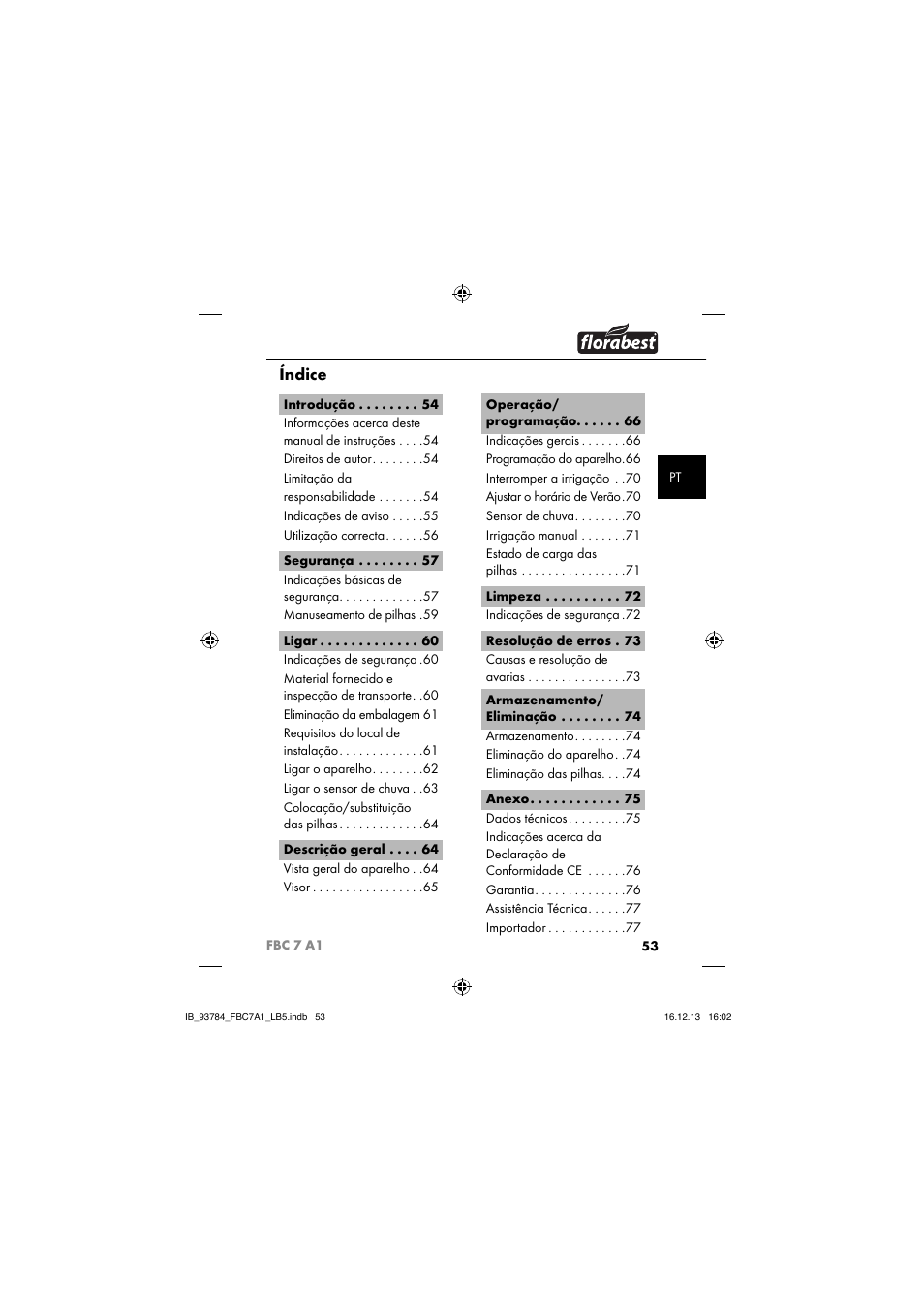 Índice | Florabest FBC 7 A1 User Manual | Page 56 / 133