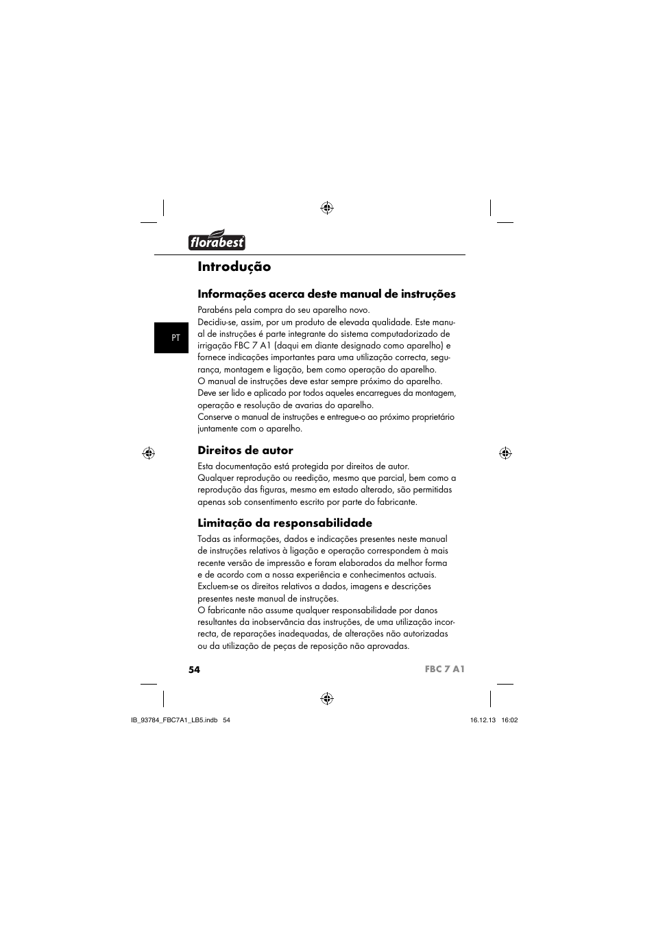 Introdução, Informações acerca deste manual de instruções, Direitos de autor | Limitação da responsabilidade | Florabest FBC 7 A1 User Manual | Page 57 / 133
