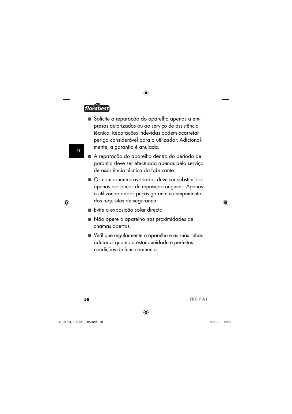 Evite a exposição solar directa | Florabest FBC 7 A1 User Manual | Page 61 / 133