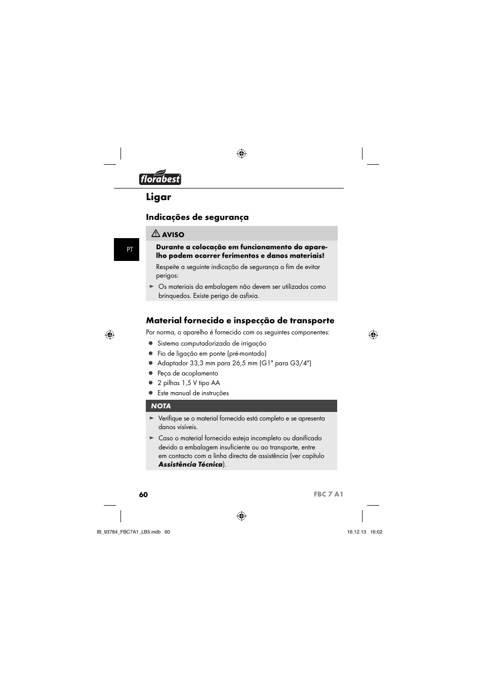 Ligar, Indicações de segurança, Material fornecido e inspecção de transporte | Florabest FBC 7 A1 User Manual | Page 63 / 133