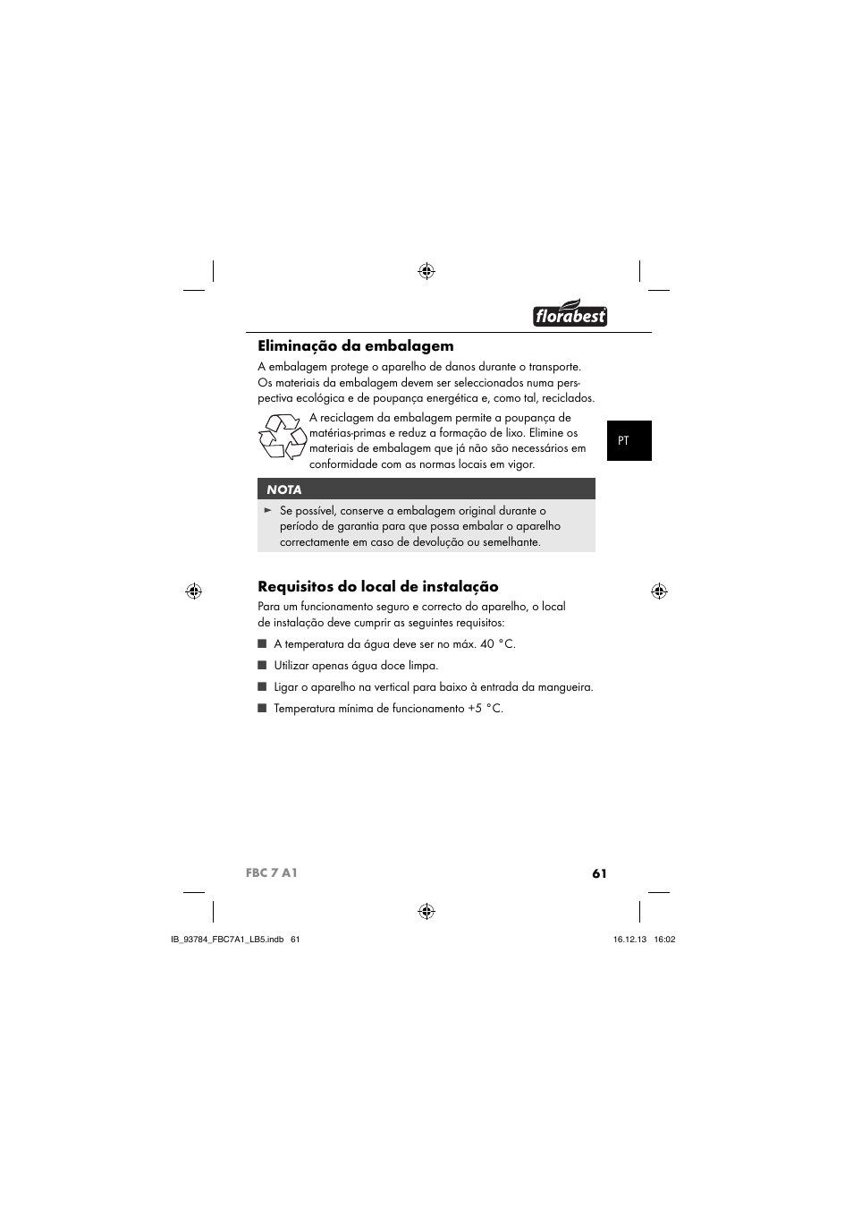 Eliminação da embalagem, Requisitos do local de instalação | Florabest FBC 7 A1 User Manual | Page 64 / 133