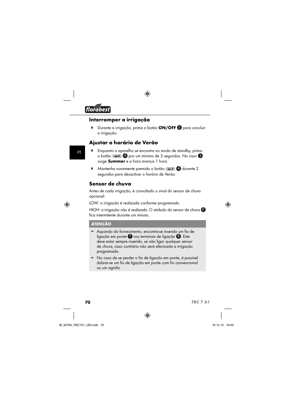 Interromper a irrigação, Ajustar o horário de verão, Sensor de chuva | Florabest FBC 7 A1 User Manual | Page 73 / 133