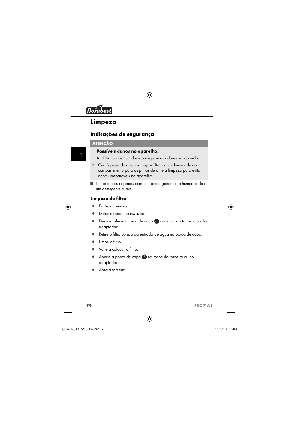 Limpeza, Indicações de segurança | Florabest FBC 7 A1 User Manual | Page 75 / 133