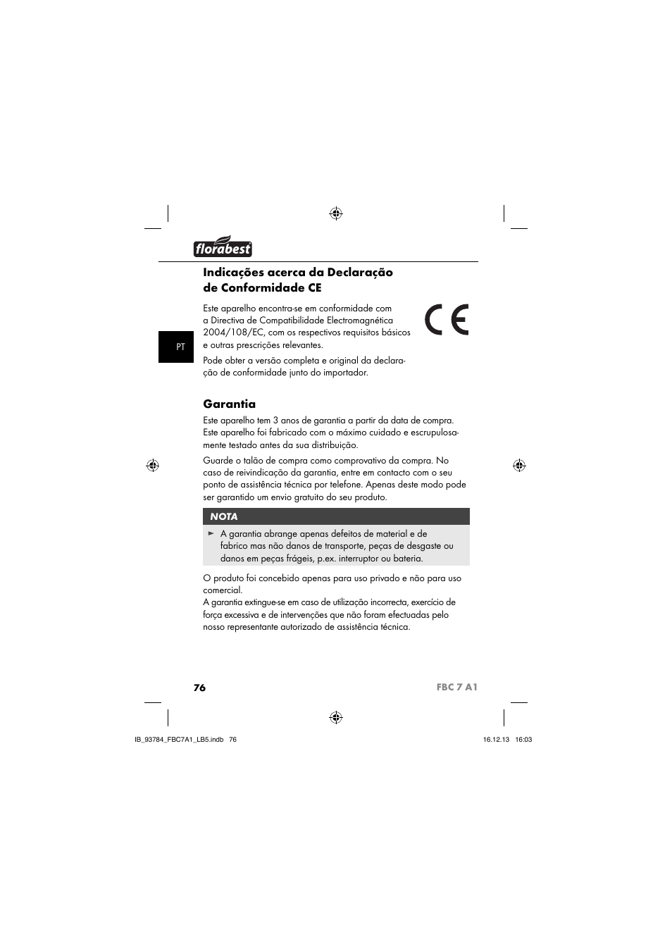 Indicações acerca da declaração de conformidade ce, Garantia | Florabest FBC 7 A1 User Manual | Page 79 / 133