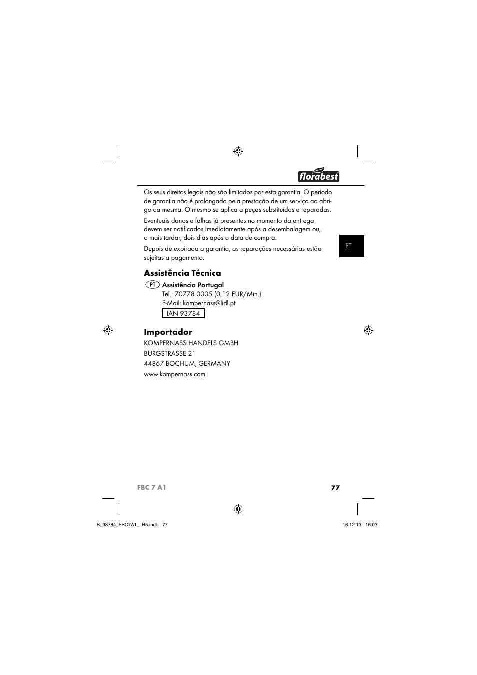 Assistência técnica, Importador | Florabest FBC 7 A1 User Manual | Page 80 / 133