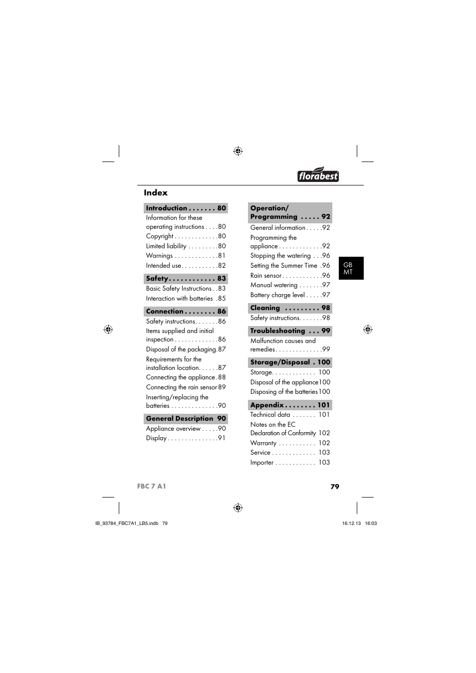 Index | Florabest FBC 7 A1 User Manual | Page 82 / 133