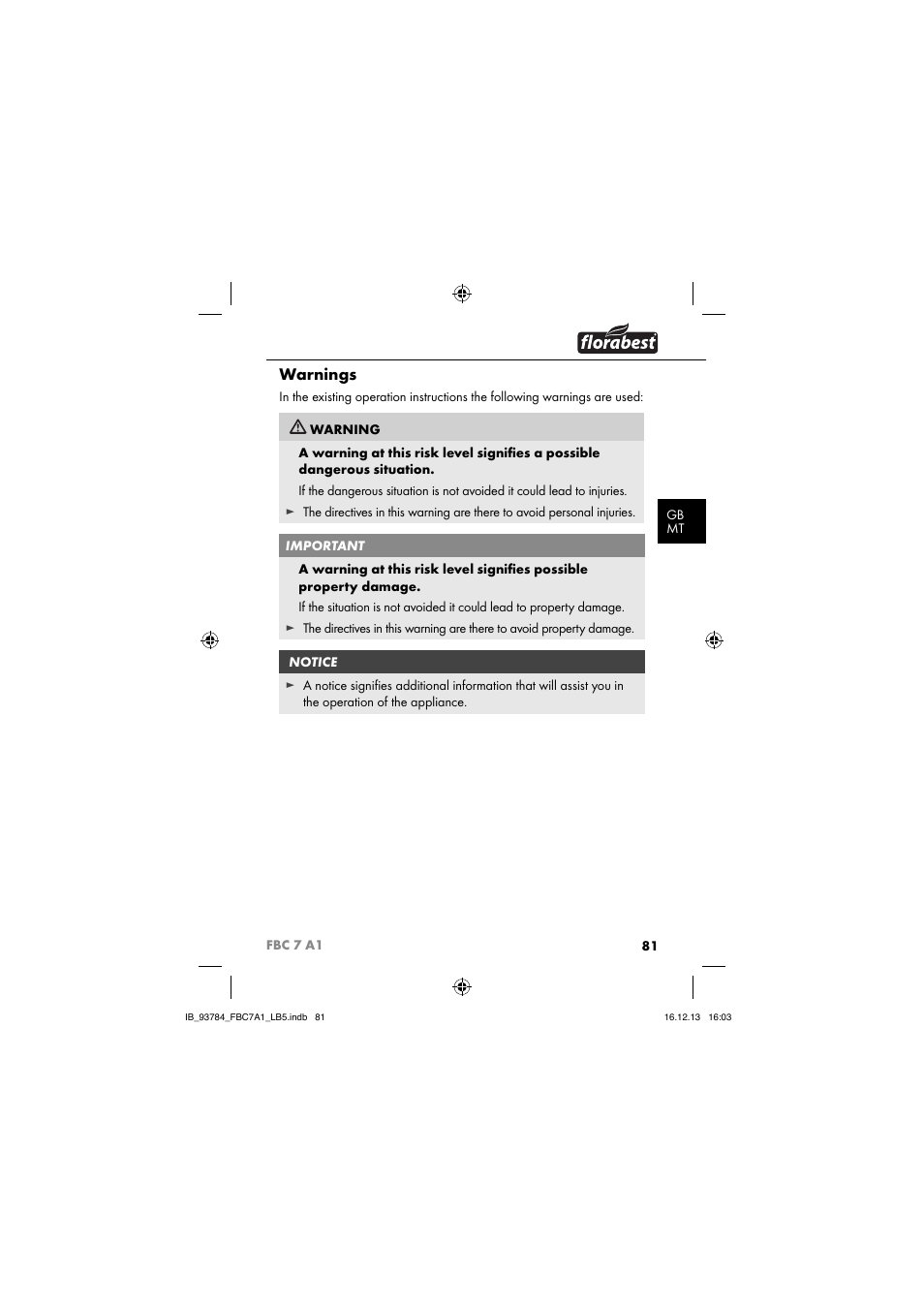 Warnings | Florabest FBC 7 A1 User Manual | Page 84 / 133
