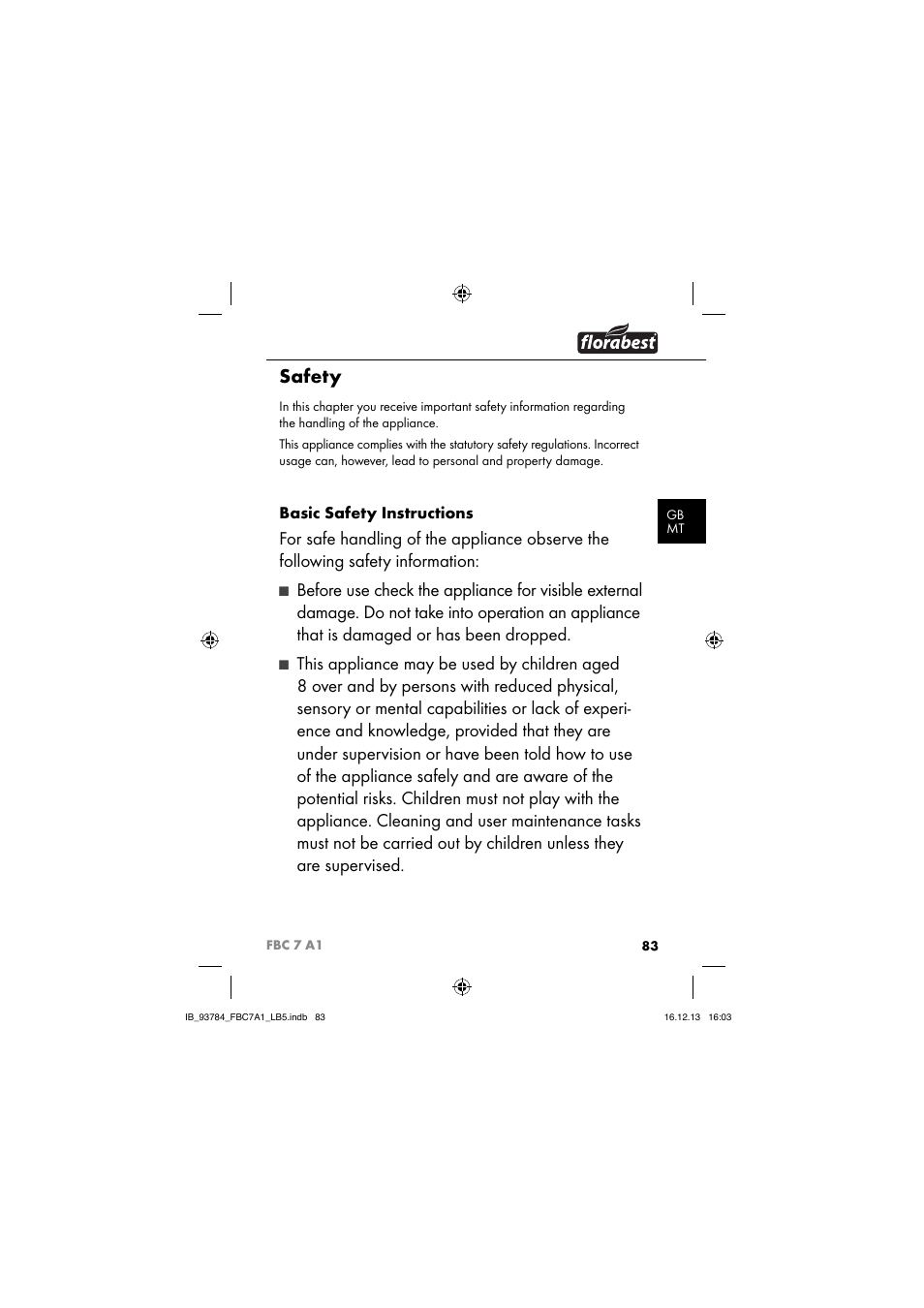 Safety, Basic safety instructions | Florabest FBC 7 A1 User Manual | Page 86 / 133