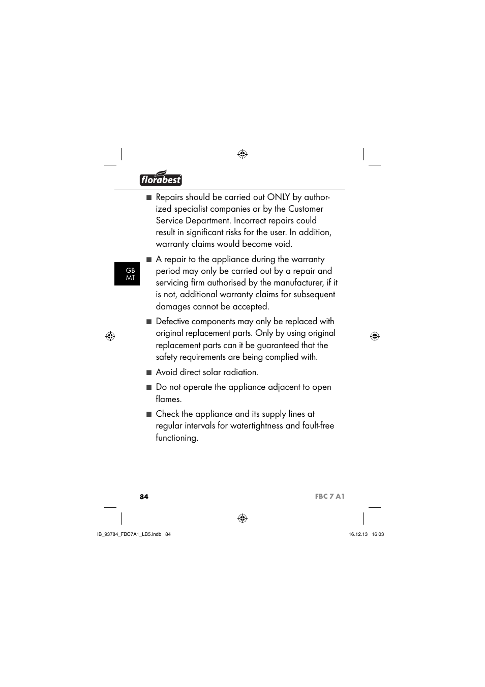 Avoid direct solar radiation | Florabest FBC 7 A1 User Manual | Page 87 / 133