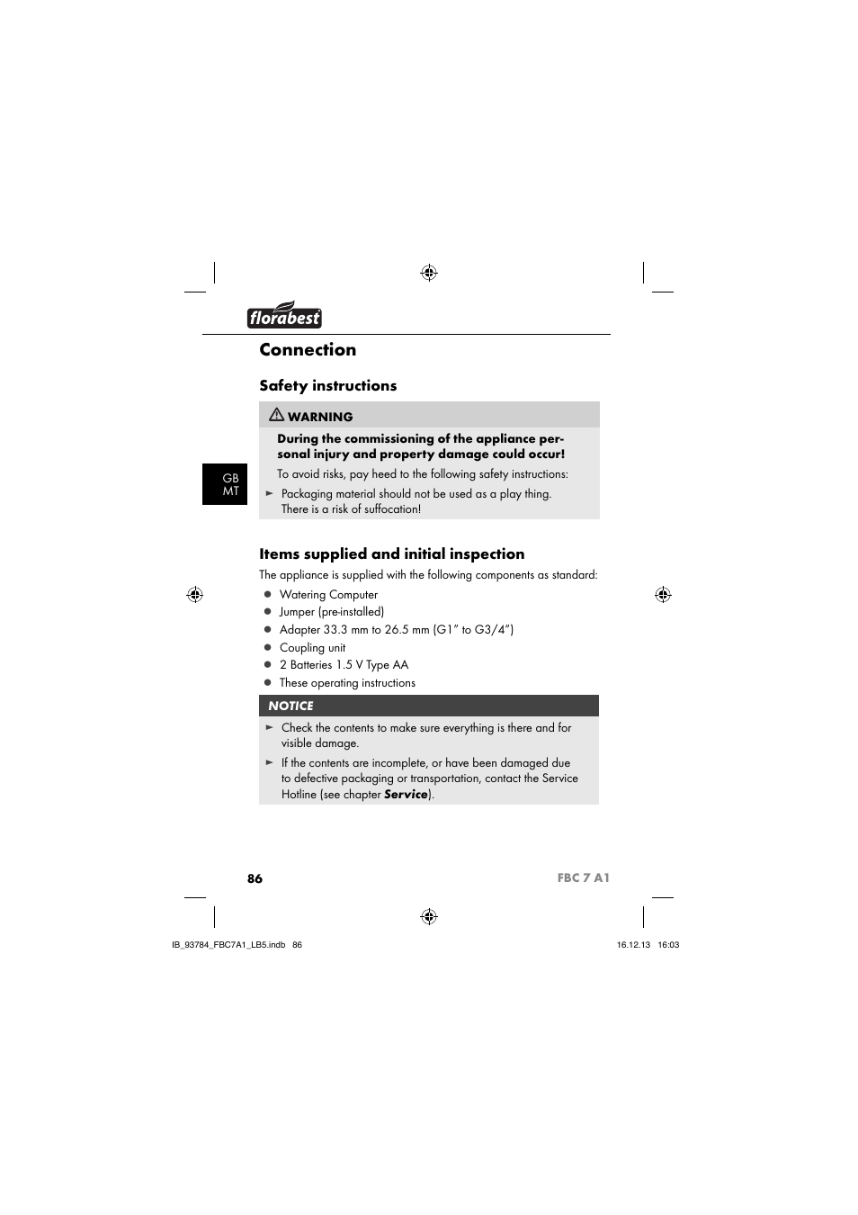 Connection, Safety instructions, Items supplied and initial inspection | Florabest FBC 7 A1 User Manual | Page 89 / 133