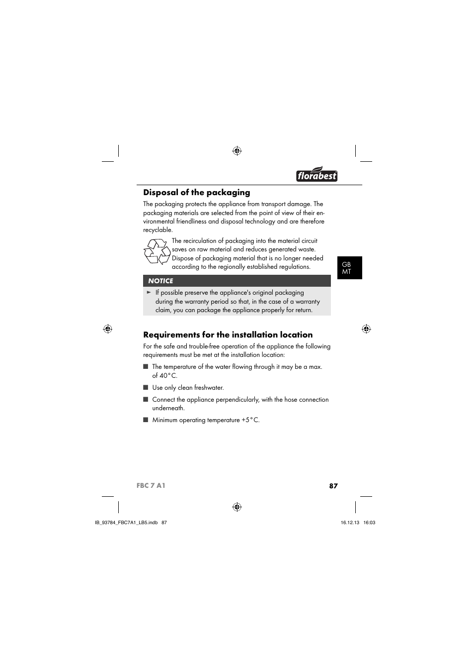 Disposal of the packaging, Requirements for the installation location | Florabest FBC 7 A1 User Manual | Page 90 / 133