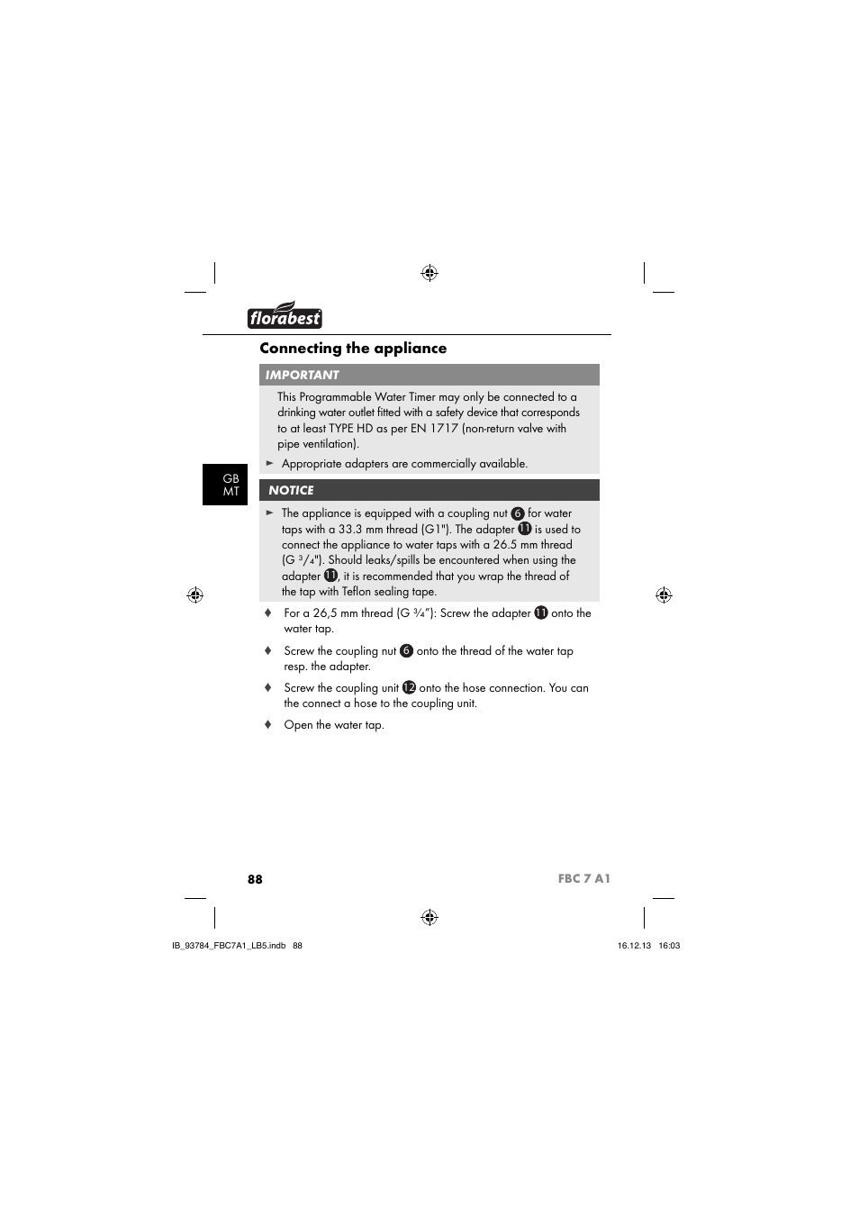 Connecting the appliance | Florabest FBC 7 A1 User Manual | Page 91 / 133