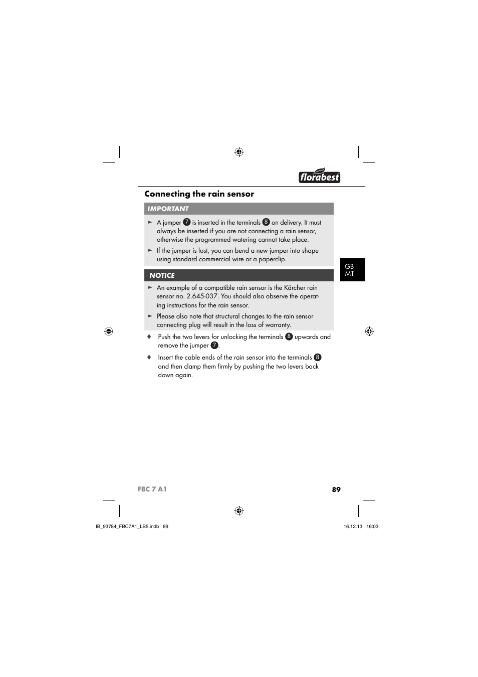Connecting the rain sensor | Florabest FBC 7 A1 User Manual | Page 92 / 133