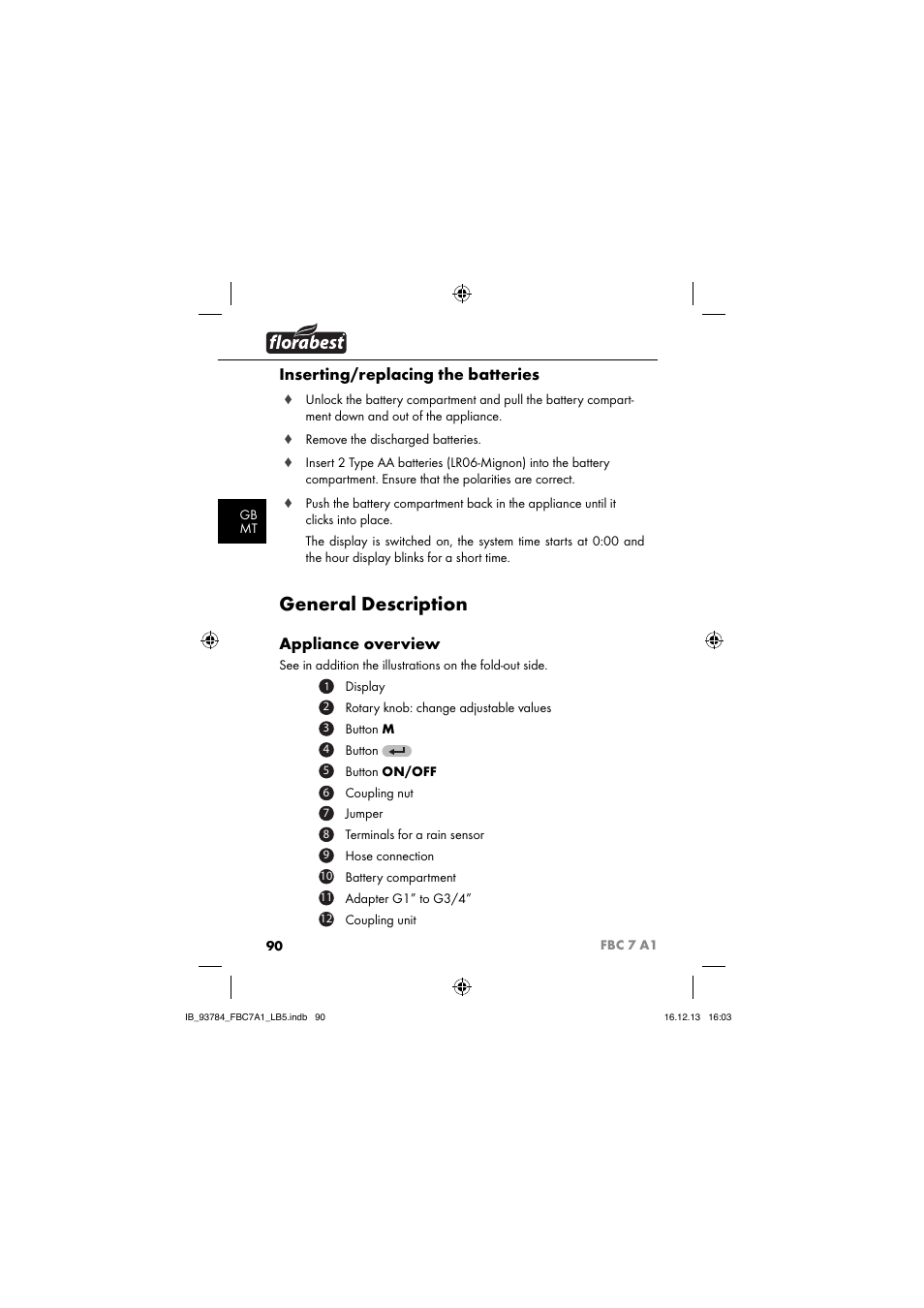 General description, Inserting/replacing the batteries, Appliance overview | Florabest FBC 7 A1 User Manual | Page 93 / 133