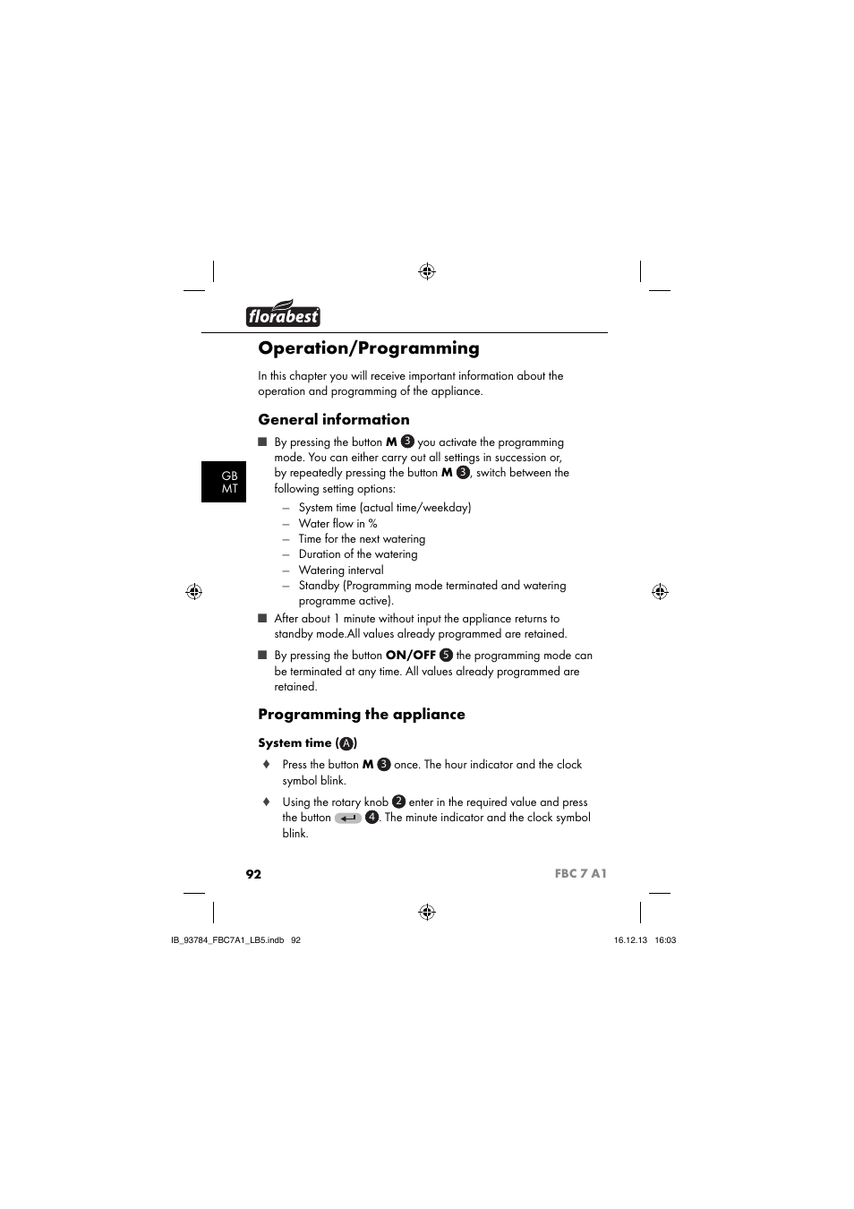 Operation/programming, General information, Programming the appliance | Florabest FBC 7 A1 User Manual | Page 95 / 133