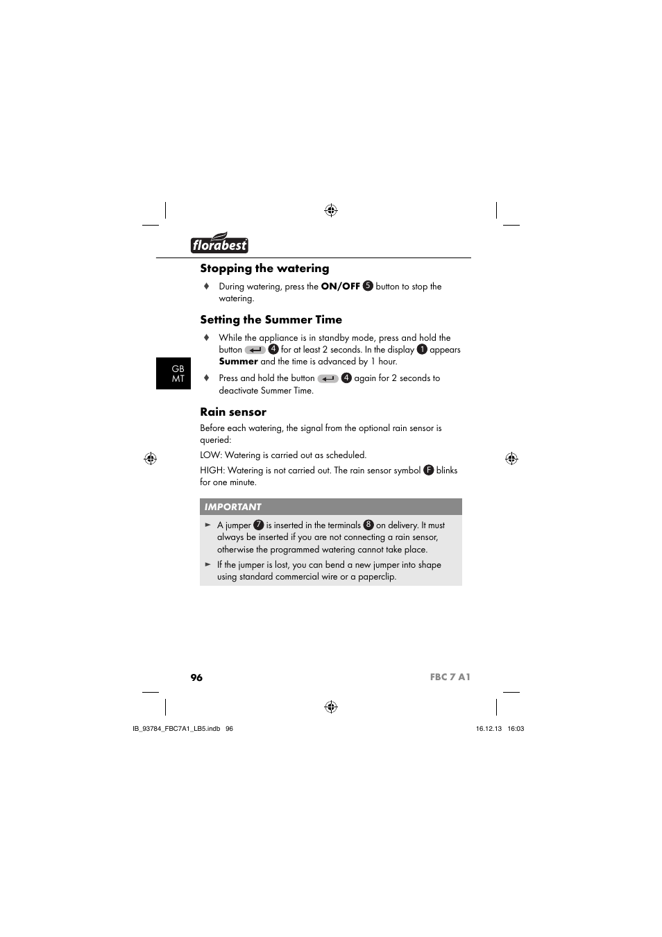 Stopping the watering, Setting the summer time, Rain sensor | Florabest FBC 7 A1 User Manual | Page 99 / 133