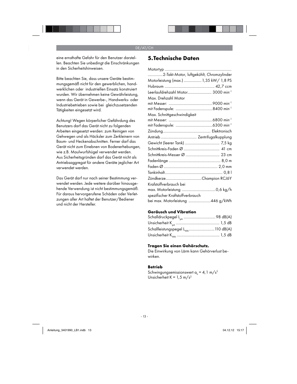 Technische daten | Florabest FBS 43 A1 User Manual | Page 13 / 90