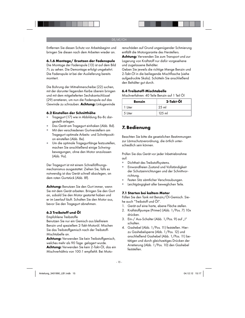 Bedienung | Florabest FBS 43 A1 User Manual | Page 15 / 90