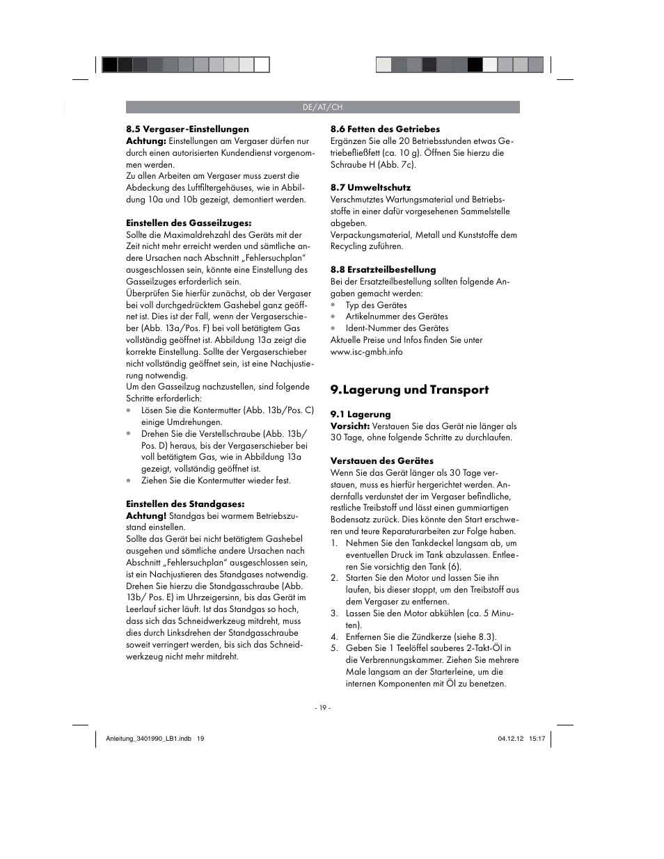 Lagerung und transport | Florabest FBS 43 A1 User Manual | Page 19 / 90