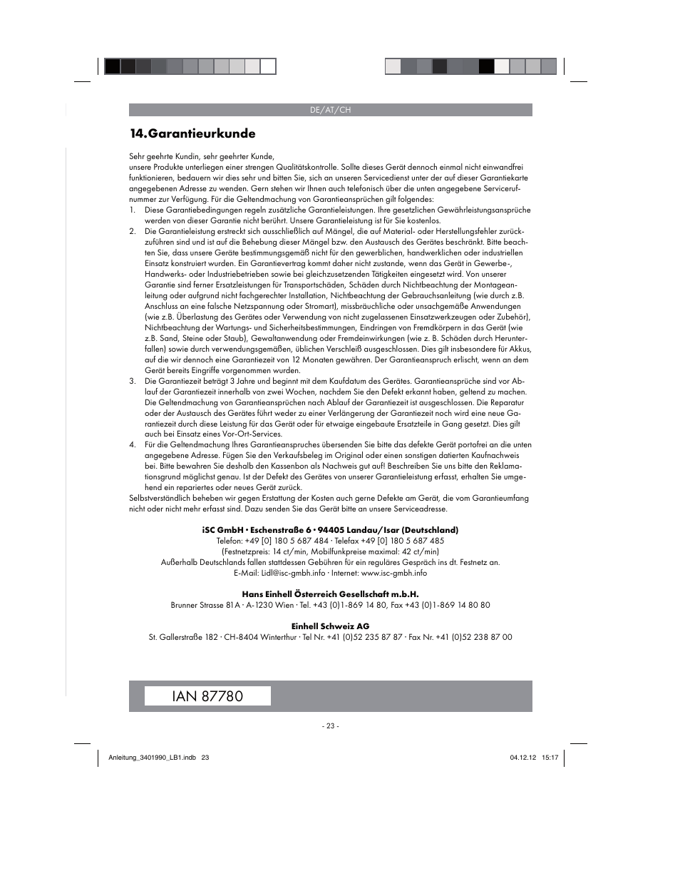 Garantieurkunde | Florabest FBS 43 A1 User Manual | Page 23 / 90