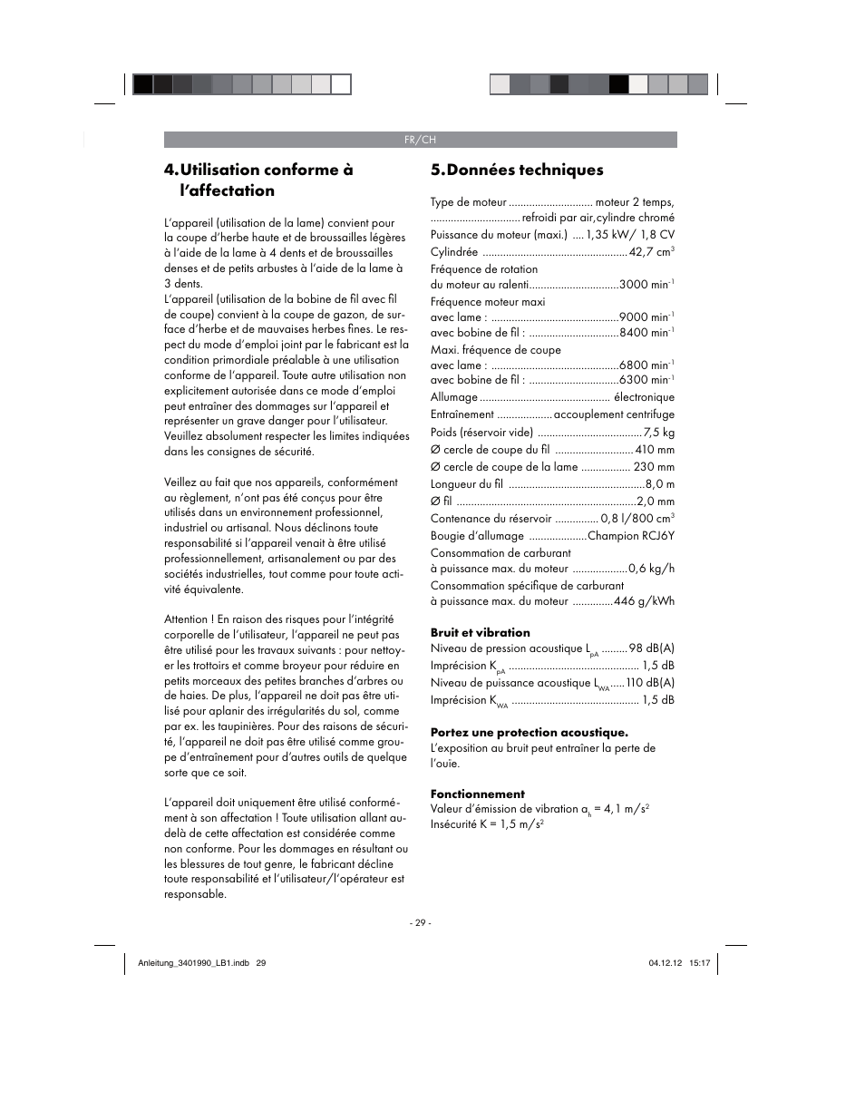 Utilisation conforme à l’affectation, Données techniques | Florabest FBS 43 A1 User Manual | Page 29 / 90