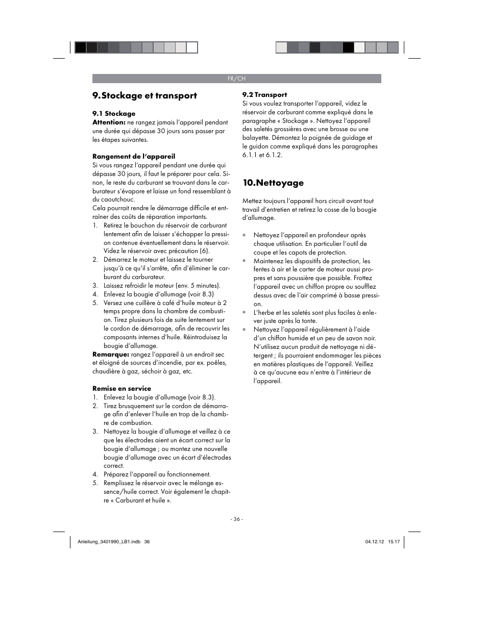Stockage et transport, Nettoyage | Florabest FBS 43 A1 User Manual | Page 36 / 90
