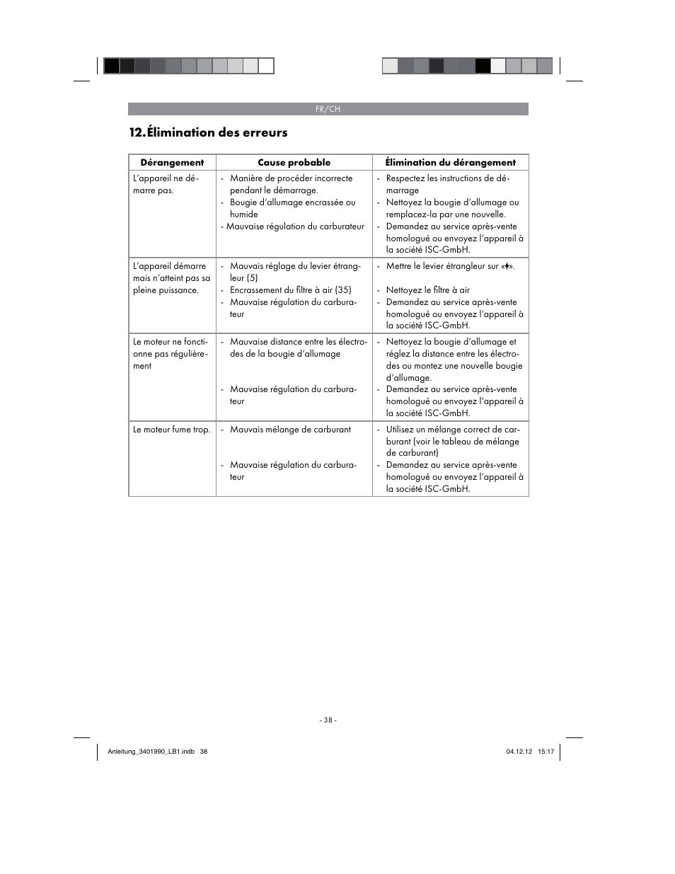 Élimination des erreurs | Florabest FBS 43 A1 User Manual | Page 38 / 90