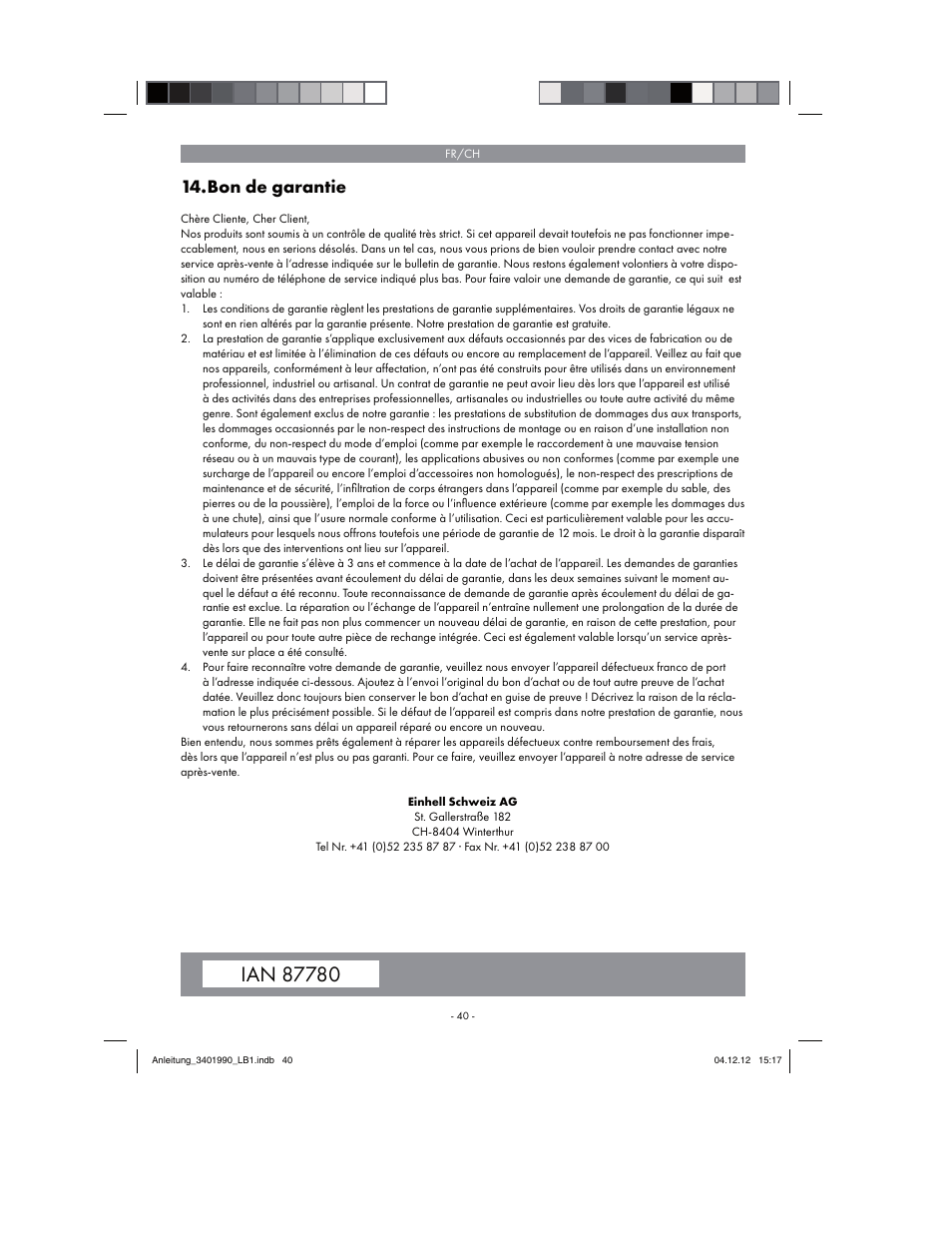 Bon de garantie | Florabest FBS 43 A1 User Manual | Page 40 / 90