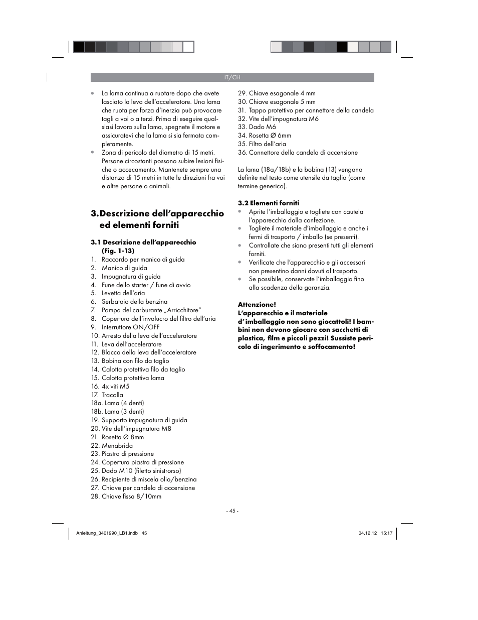 Descrizione dell’apparecchio ed elementi forniti | Florabest FBS 43 A1 User Manual | Page 45 / 90