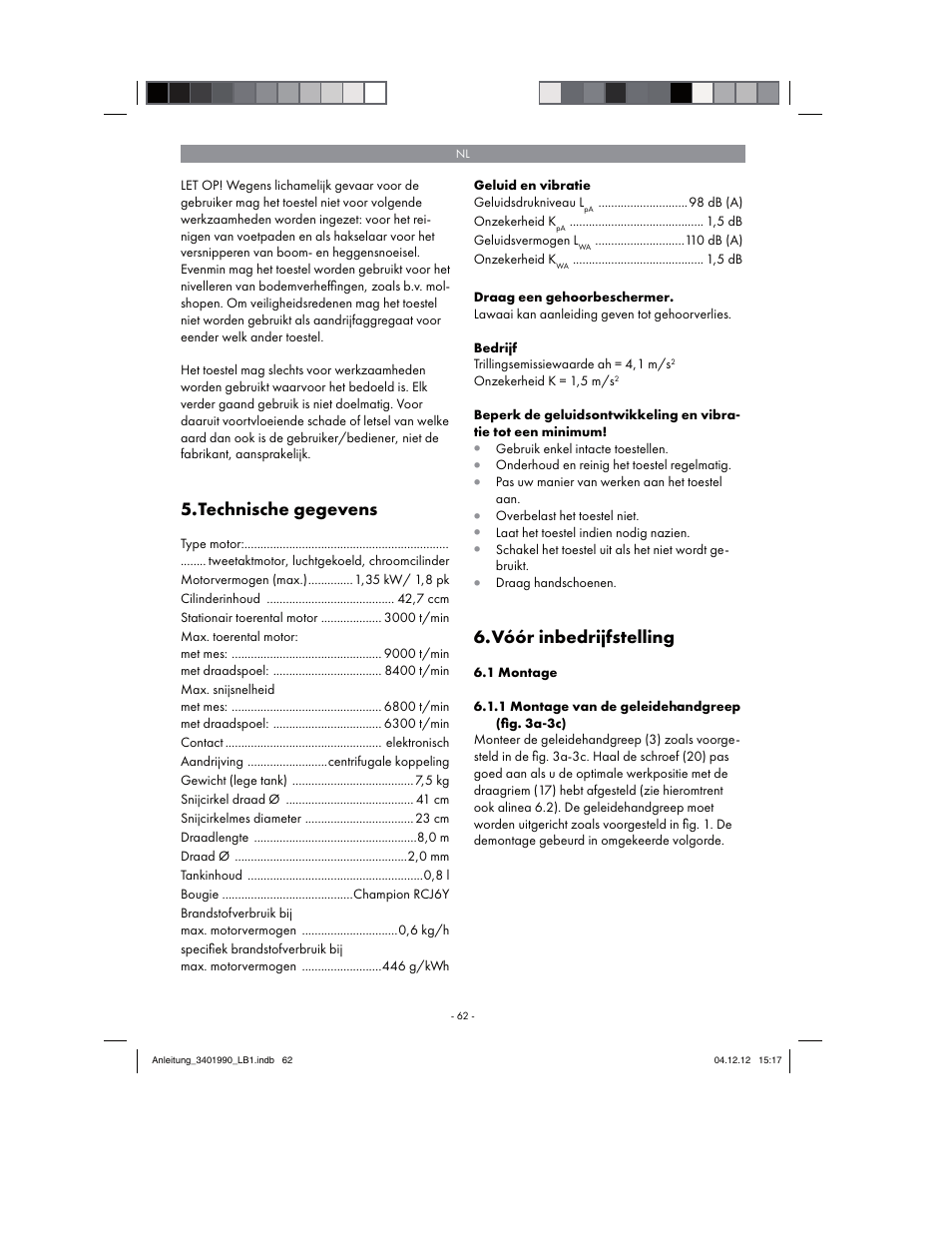 Technische gegevens, Vóór inbedrijfstelling | Florabest FBS 43 A1 User Manual | Page 62 / 90