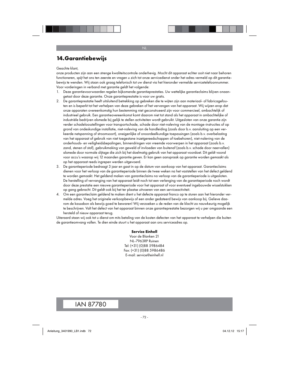 Garantiebewijs | Florabest FBS 43 A1 User Manual | Page 72 / 90