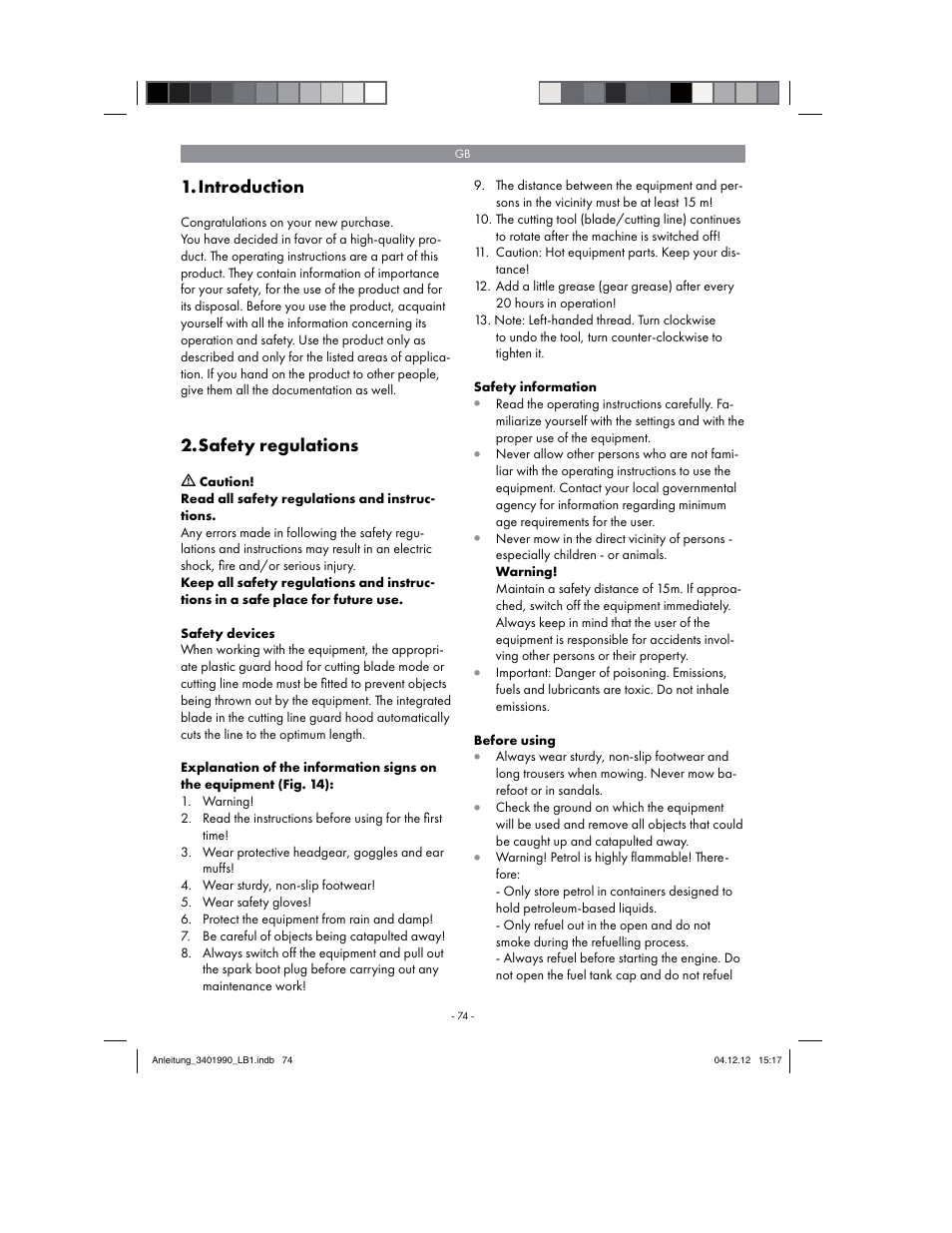 Introduction, Safety regulations | Florabest FBS 43 A1 User Manual | Page 74 / 90