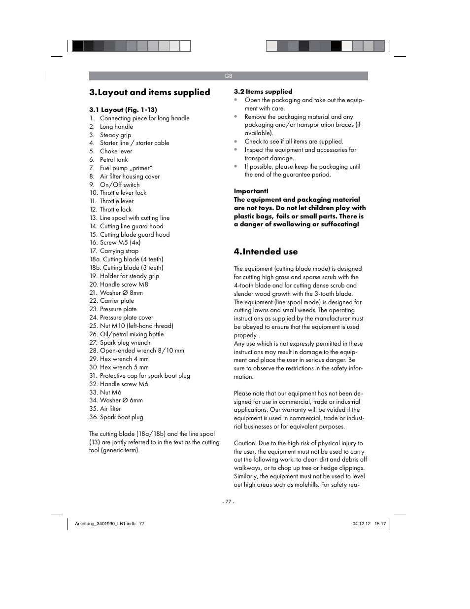 Layout and items supplied, Intended use | Florabest FBS 43 A1 User Manual | Page 77 / 90