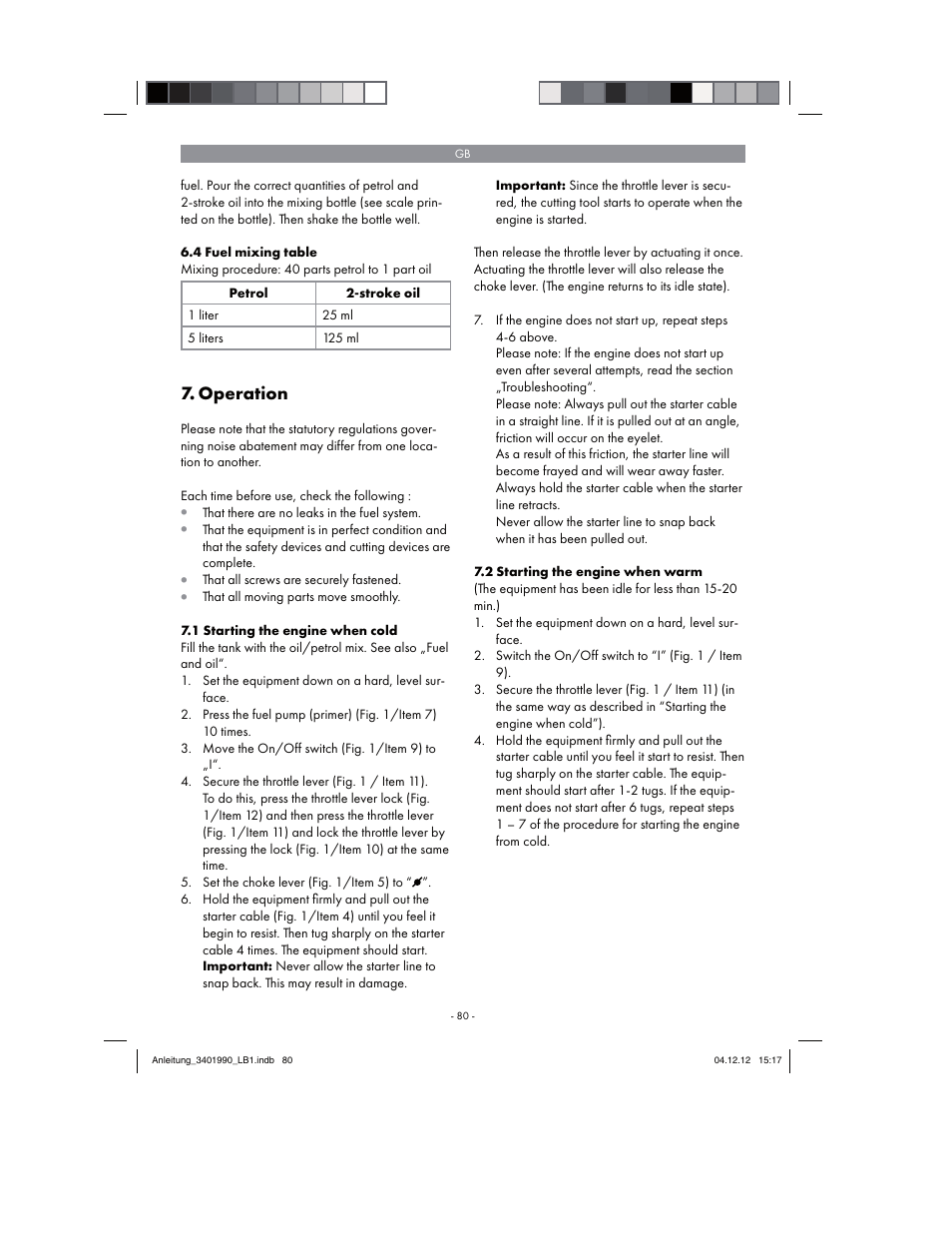 Operation | Florabest FBS 43 A1 User Manual | Page 80 / 90