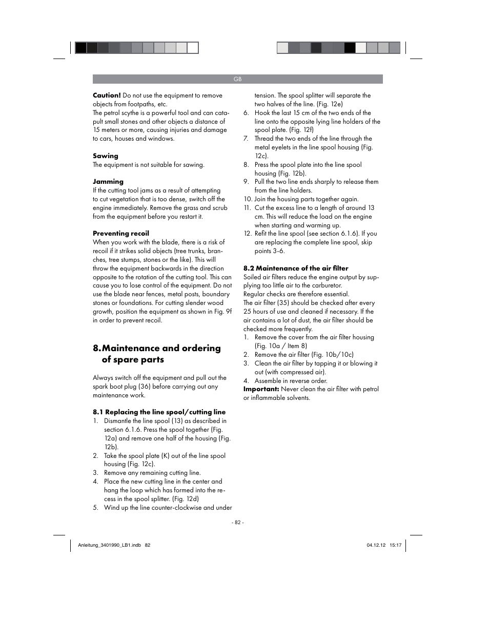 Maintenance and ordering of spare parts | Florabest FBS 43 A1 User Manual | Page 82 / 90