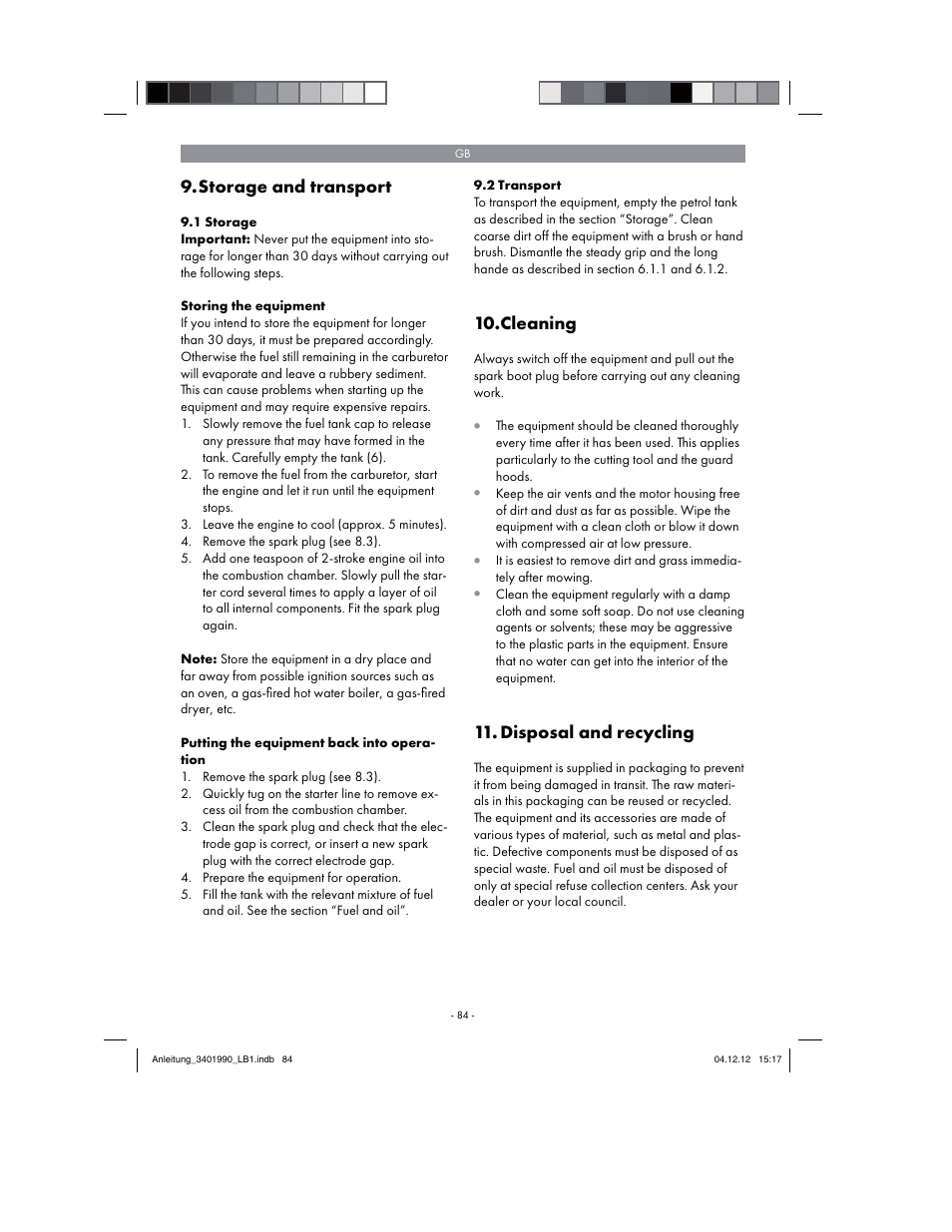 Storage and transport, Cleaning, Disposal and recycling | Florabest FBS 43 A1 User Manual | Page 84 / 90