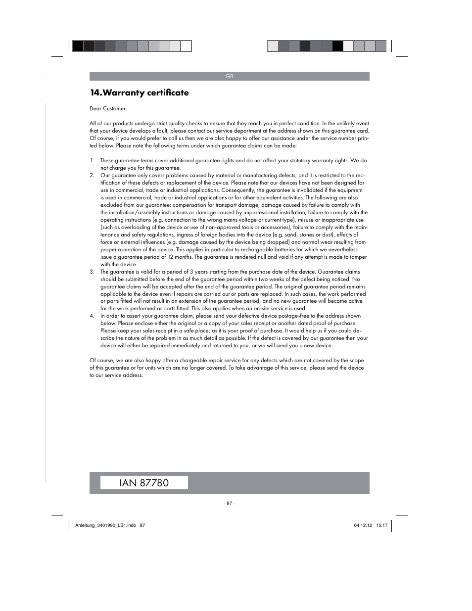 Warranty certiﬁ cate | Florabest FBS 43 A1 User Manual | Page 87 / 90