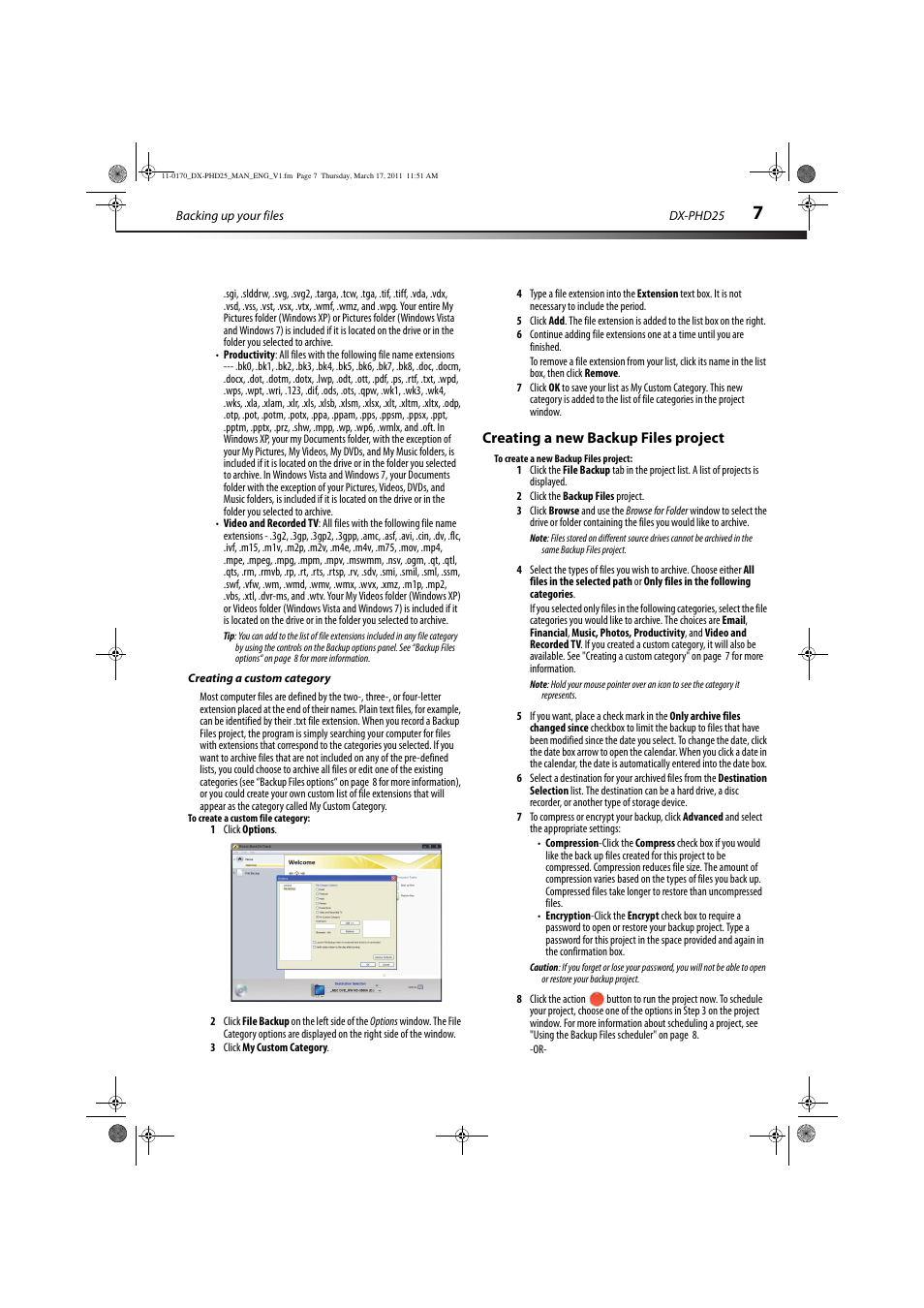 Creating a custom category, To create a custom file category, Creating a new backup files project | To create a new backup files project | Dynex DX-PHD25 User Manual | Page 7 / 12